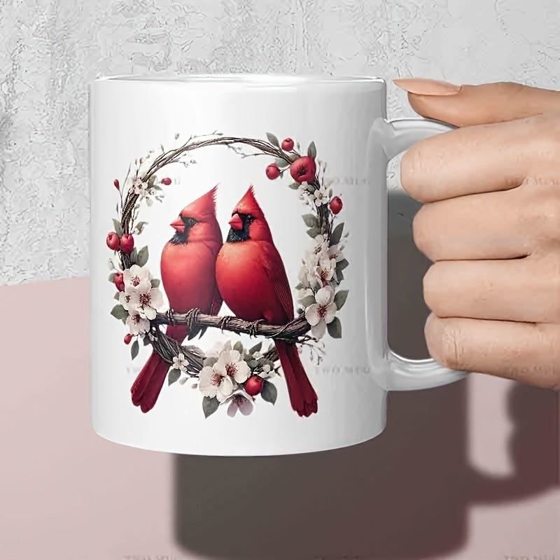 Tailorly White Ceramic 11 oz Mug - Pair Of Red Cardinals Perched On Branch Within Blooming Floral Wreath Cardinal