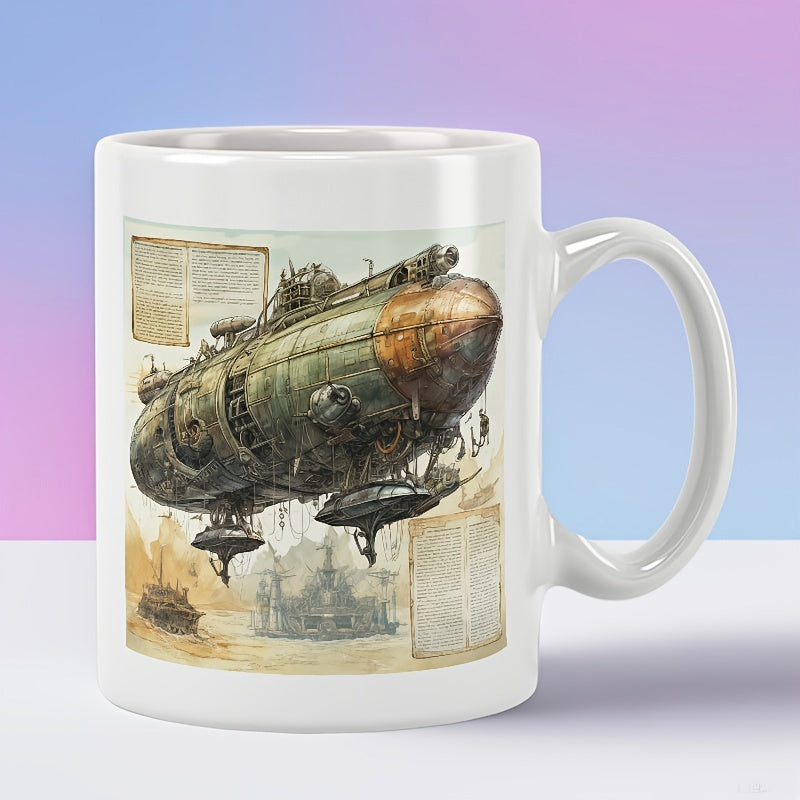 Tailorly White Ceramic 11 oz Mug - Vintage Steampunk Flying Vessel Floating Over Antique Map Parchment Detailed Airship