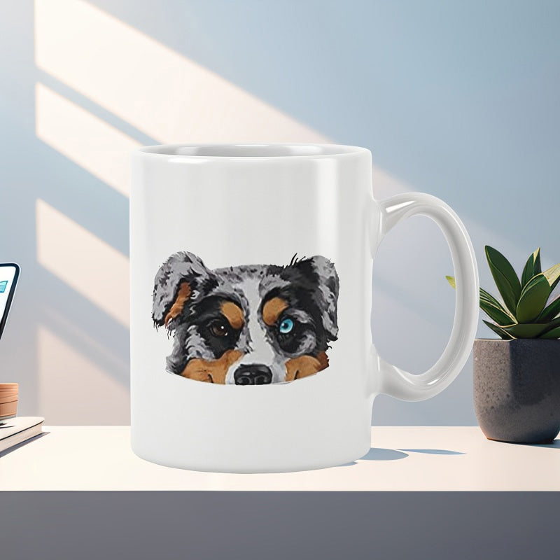 Tailorly White Ceramic 11 oz Mug - Artistic Australian Shepherd Head Featuring Unique Heterochromia Blue Eye Design Dog