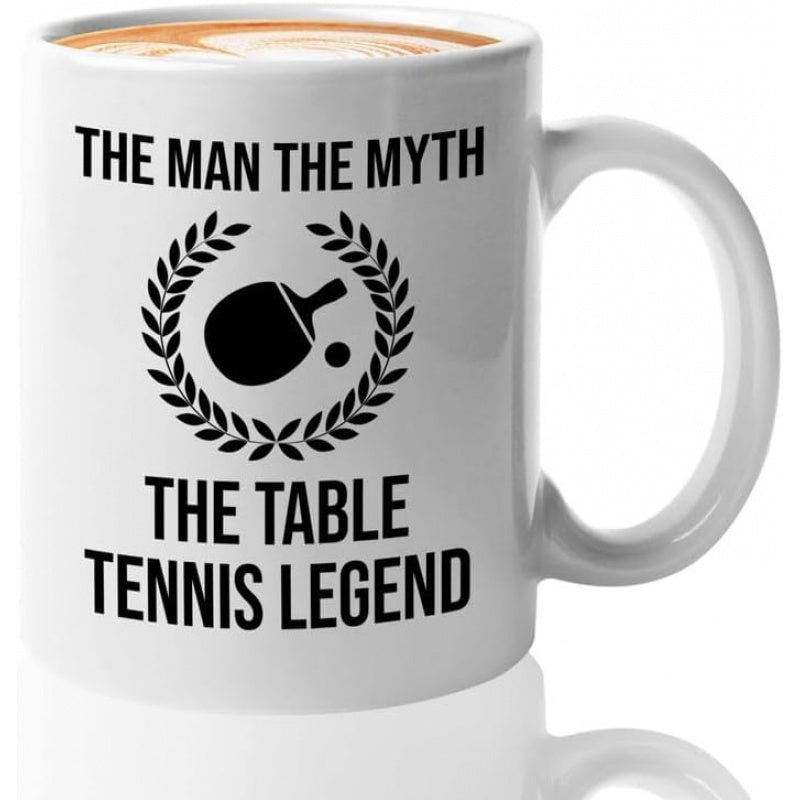 Tailorly White Ceramic 11 oz Mug - The Man The Myth The Table Tennis Legend Classic Sports Silhouette Within Circular Laurel Wreath For Athletic Competitive Spirit