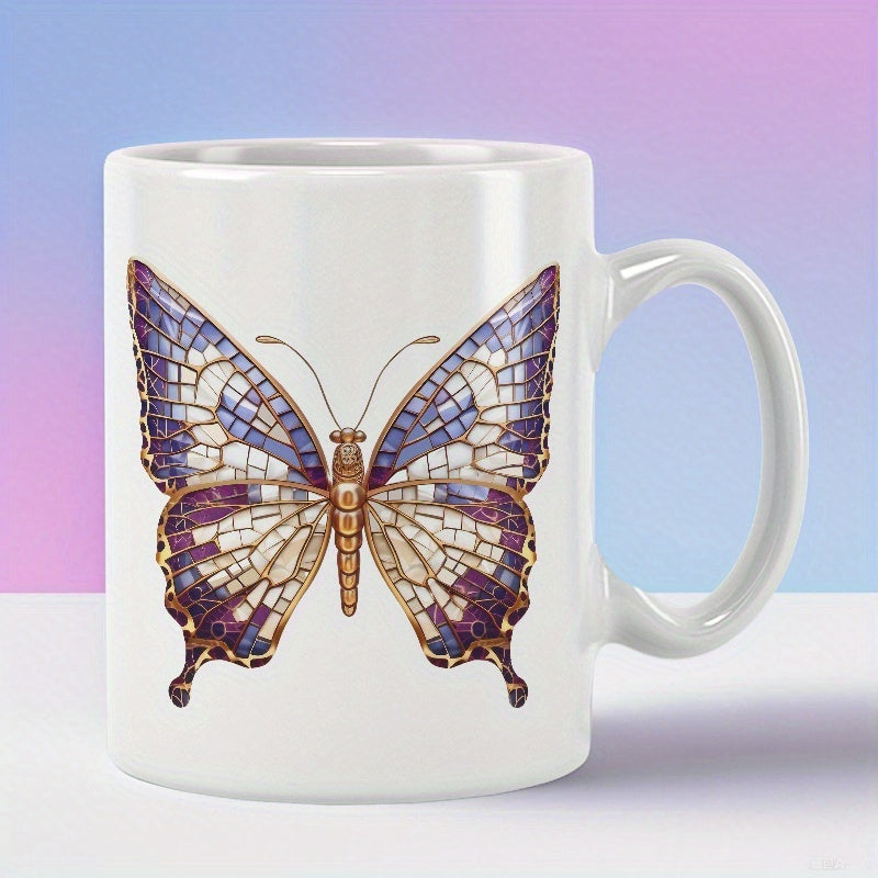 Tailorly White Ceramic 11 oz Mug - Intricate Stained Glass Wings With Purple And Golden Details Butterfly