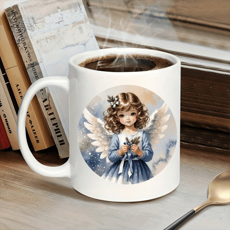 Tailorly White Ceramic 11 oz Mug - Cute Serene Little Girl Featuring Radiant White Wings In Circular Border Angel