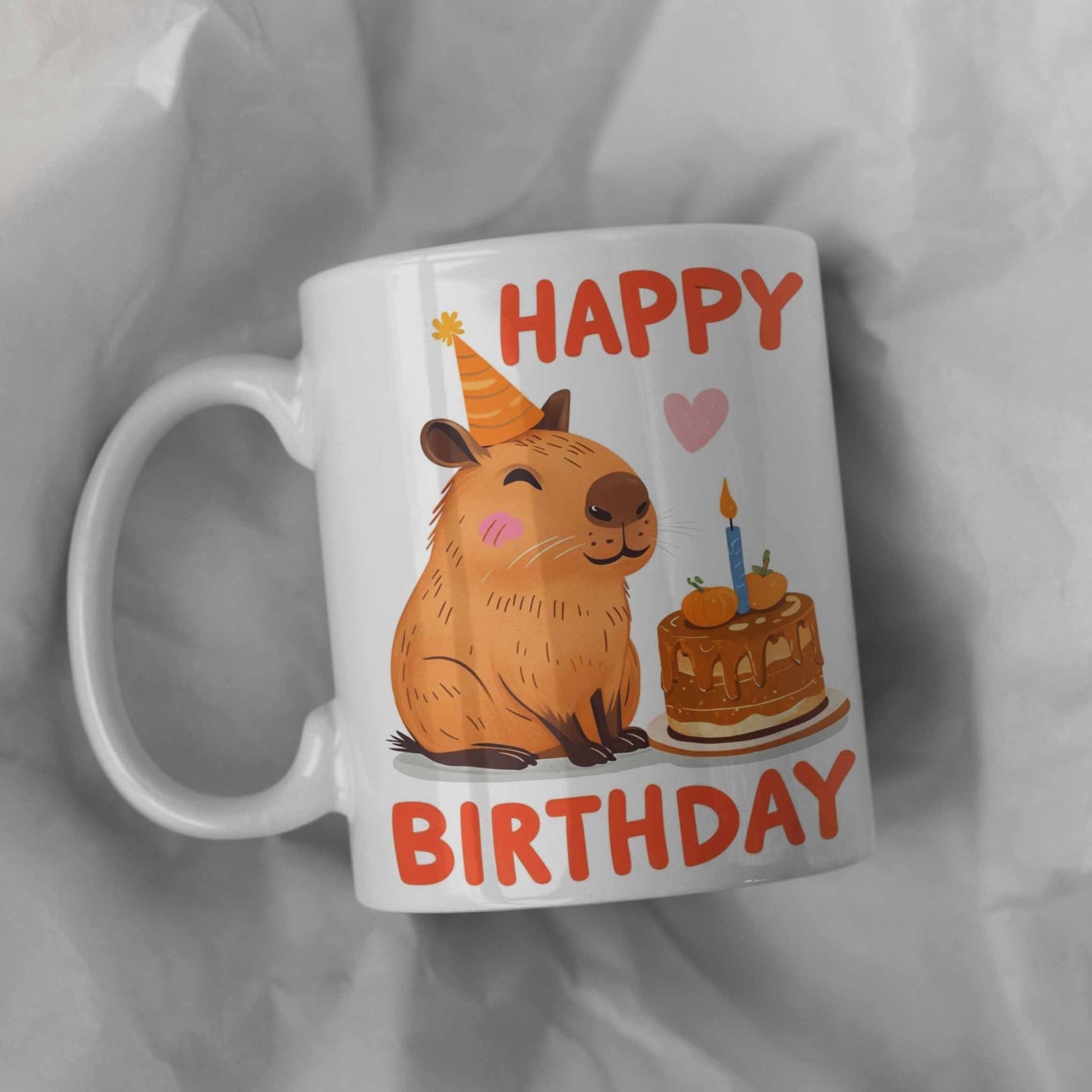 Tailorly White Ceramic 11 oz Mug - Happy Birthday Adorable Cartoon Animal Wearing Orange Party Hat Sitting Next To Cake Capybara