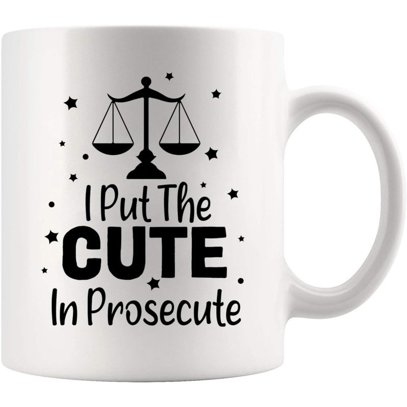 Tailorly White Ceramic 11 oz Mug - I Put The Cute In Prosecute Minimalist Justice Balance Symbol Decorated With Tiny Floating Star Shapes Scale