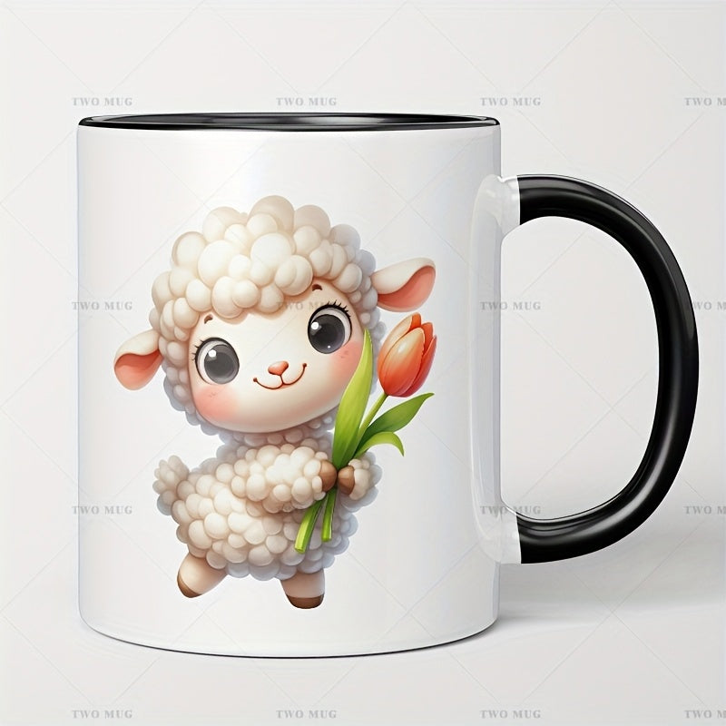 Tailorly Black Accent 11 oz Mug - cartoon curly haired sheep holding flowers