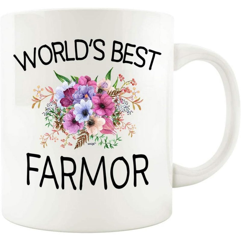 Tailorly White Ceramic 11 oz Mug - Worlds Best Farmor Beautiful Colorful Spring Blossoms Surrounded By Delicate Green Leaves And Foliage Bouquet