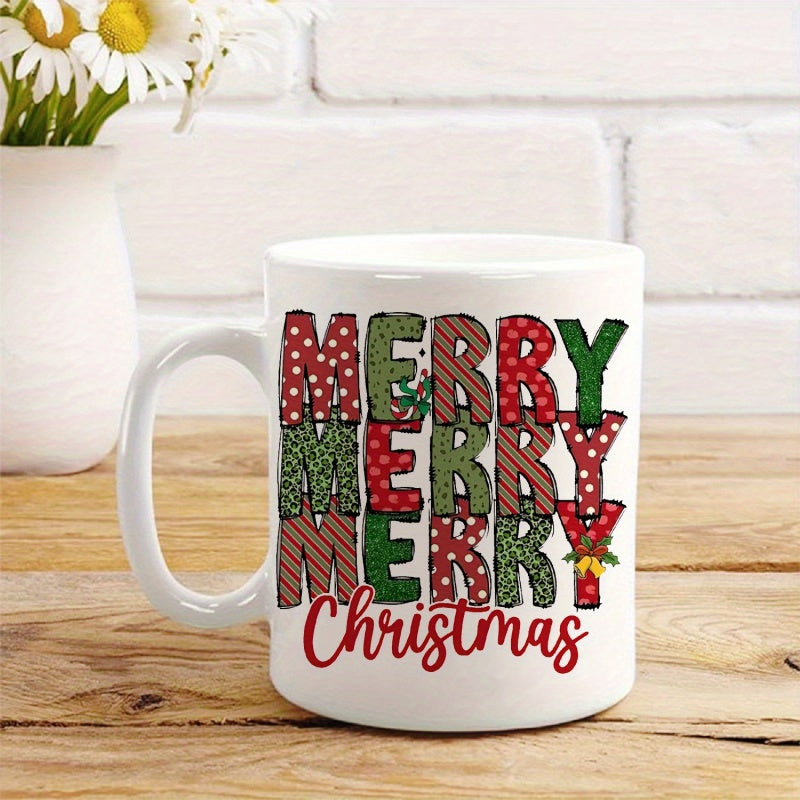 Tailorly White Ceramic 11 oz Mug - Merry Merry Merry Christmas Festive Red And Green Patterned Block Letters With Holly Berry Accents Mug