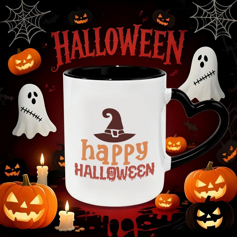 Tailorly Black Accent 11 oz Mug - heart shaped handle， witch hat， bats， spooky theme