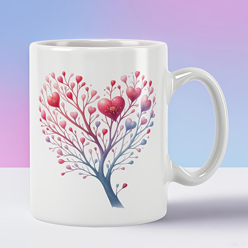 Tailorly White Ceramic 11 oz Mug - Vibrant Heart Shaped Branches With Blooming Pink Buds On A Sturdy Tree