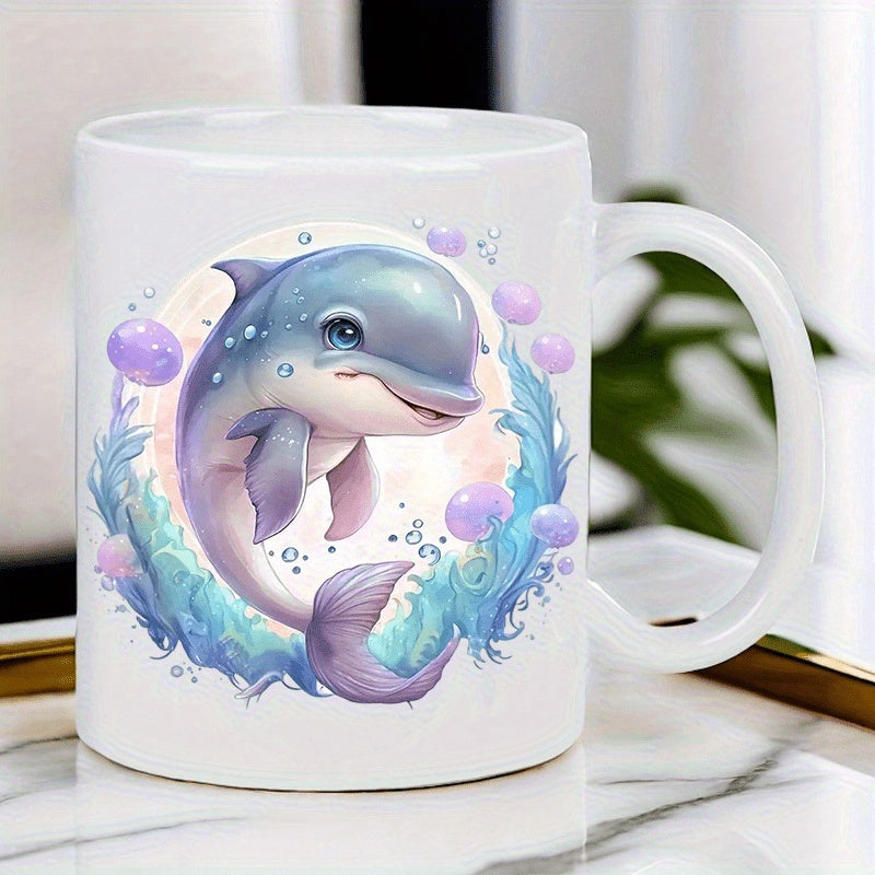 Tailorly White Ceramic 11 oz Mug - Cute Stylized Purple Sea Creature Swimming Through Magical Bubbles And Ocean Waves Dolphin