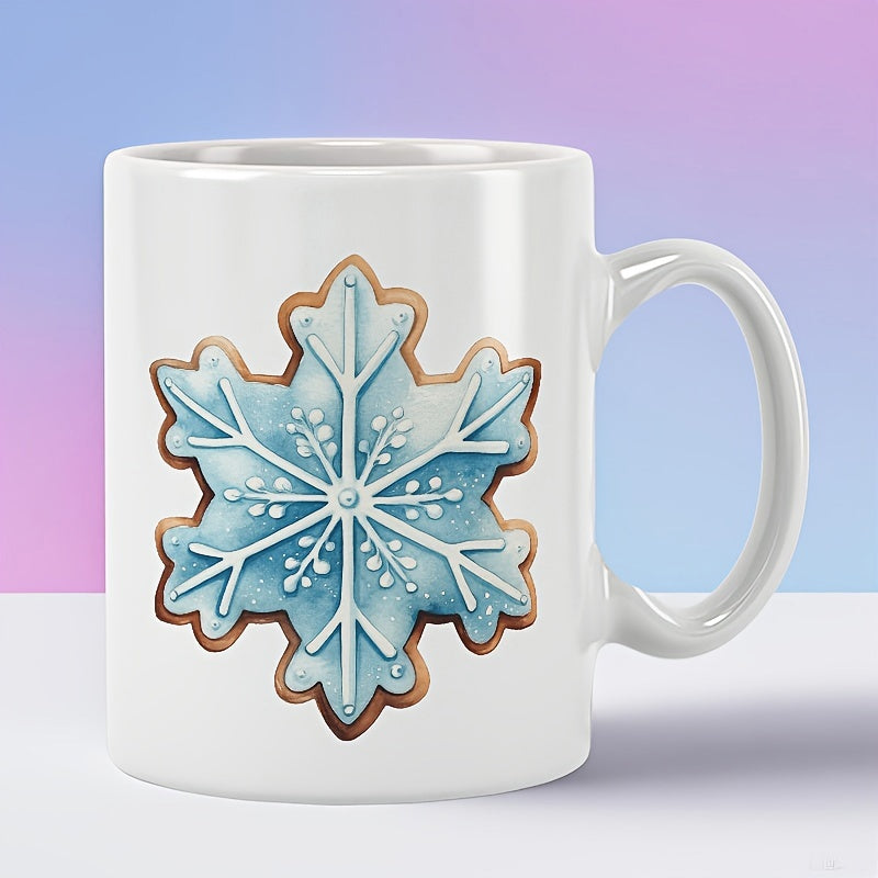 Tailorly White Ceramic 11 oz Mug - Delicate Watercolor Blue Gingerbread Cookie Decorated With White Winter Frosting Snowflake