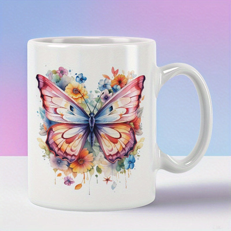 Tailorly White Ceramic 11 oz Mug - Vibrant Watercolor Wings Among Soft Blooming Flowers In Enchanting Spring Butterfly