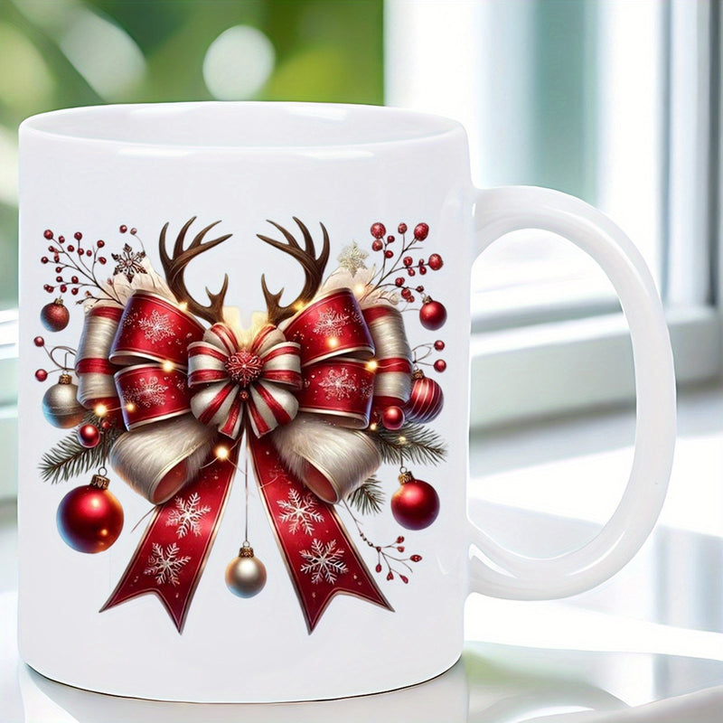 Tailorly White Ceramic 11 oz Mug - Festive Red Ribbon Featuring Reindeer Antlers Surrounded By Winter Holiday Ornaments Bow