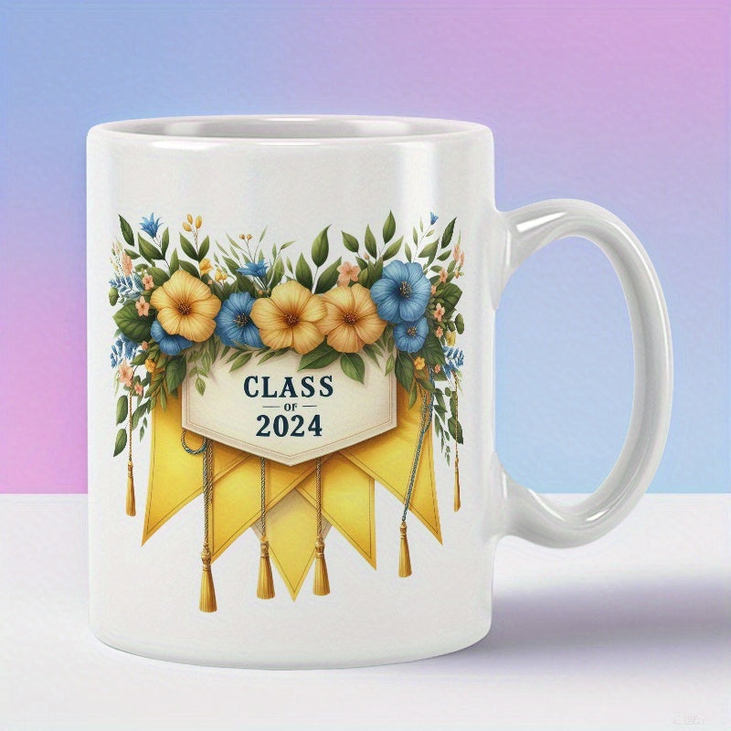 Tailorly White Ceramic 11 oz Mug - Class Of 2024 Vibrant Floral Bouquet Hanging Banners And Golden Tassels Mug
