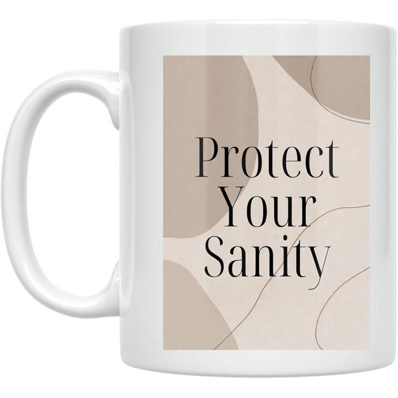 Tailorly White Ceramic 11 oz Mug - Protect Your Sanity Neutral Abstract Shapes With Elegant Curved Lines Over Earthy Beige Tones Mug