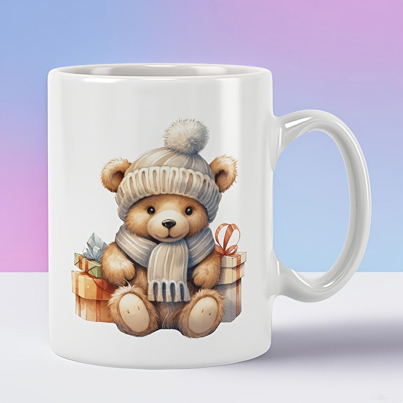 Tailorly White Ceramic 11 oz Mug - Cute Winter Teddy Bear Wearing Knitted Scarf And Hat Among Gifts Bear