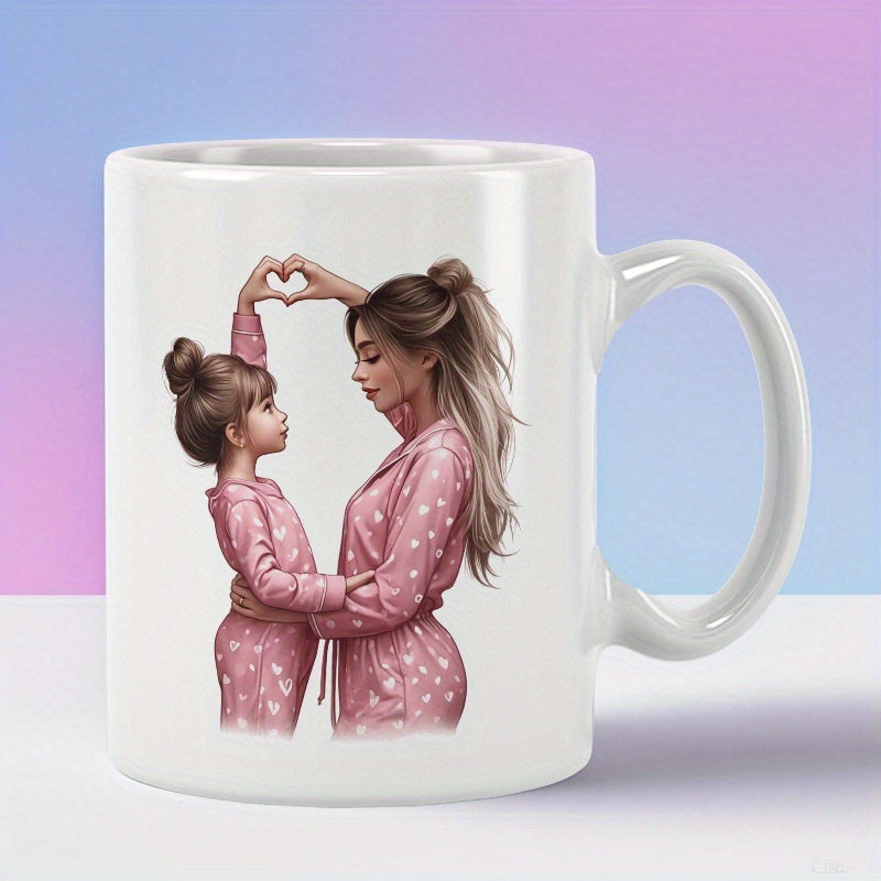 Tailorly White Ceramic 11 oz Mug - Loving Mother And Child Wearing Pink Pajamas Forming Hand Heart Daughter