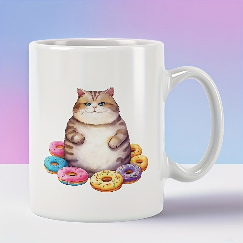 Tailorly White Ceramic 11 oz Mug - Chubby Tabby Sitting Comfortably Among A Variety Of Colorful Sweet Donuts Cat