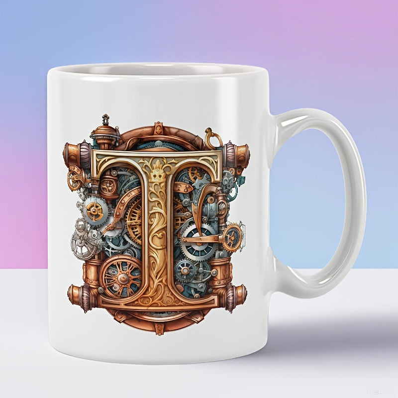 Tailorly White Ceramic 11 oz Mug - T Detailed Mechanical Gears And Vintage Copper Pipes Forming Ornate Letter
