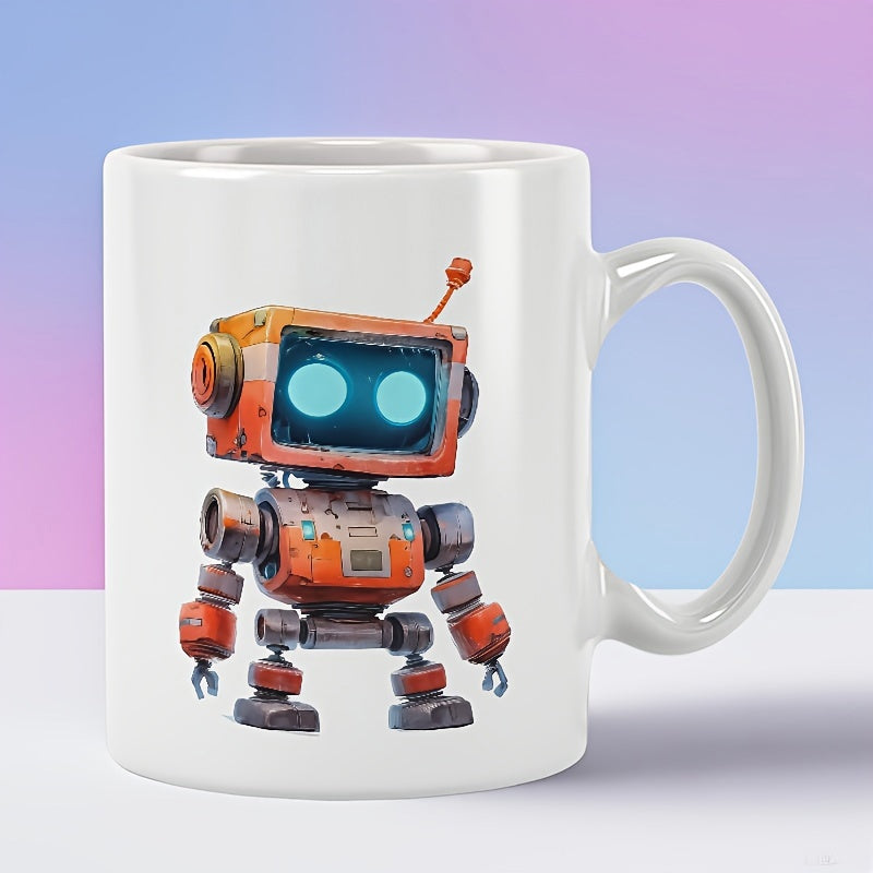Tailorly White Ceramic 11 oz Mug - Rusty Orange Vintage Mechanical Character With Glowing Blue Eyes Antique Metal Finish Robot