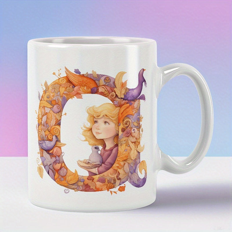 Tailorly White Ceramic 11 oz Mug - Warm Autumn Floral Elements Surrounding Stylized Letter And Small Girl
