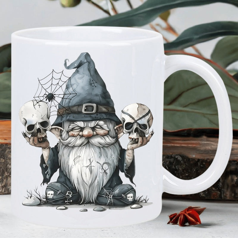 Tailorly White Ceramic 11 oz Mug - Spooky Wizard Holding Human Skulls With Spider Web Mystical Gnome