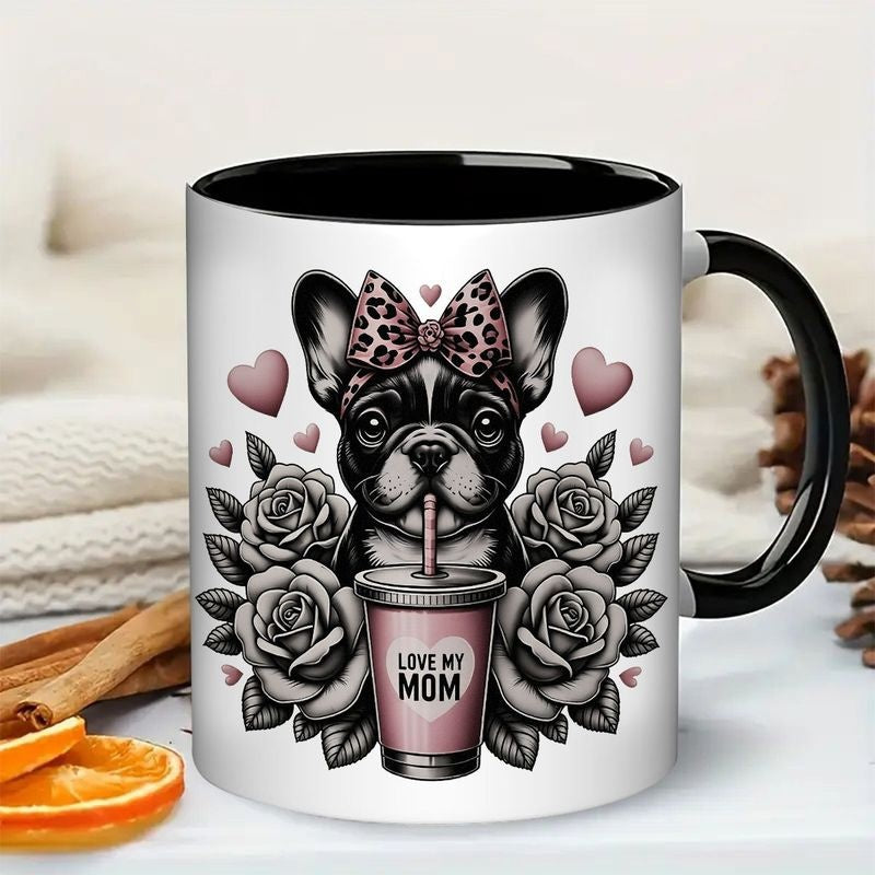 Tailorly Black Accent 11 oz Mug - french bulldog with bowknot and roses