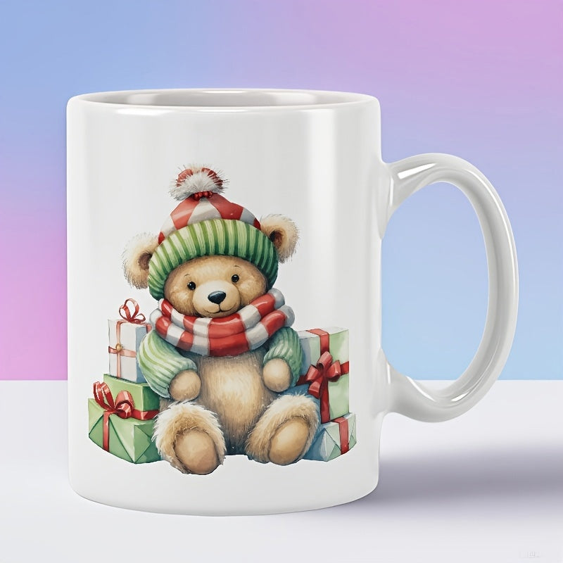 Tailorly White Ceramic 11 oz Mug - Adorable Christmas Teddy Wearing Winter Hat Among Colorful Gift Boxes Bear