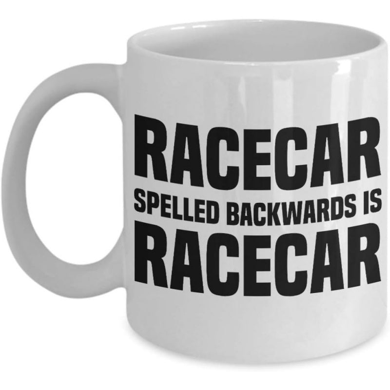 Tailorly White Ceramic 11 oz Mug - Racecar Spelled Backwards Is Racecar Minimalist Bold Black Typography Centered On A Plain White Background Design