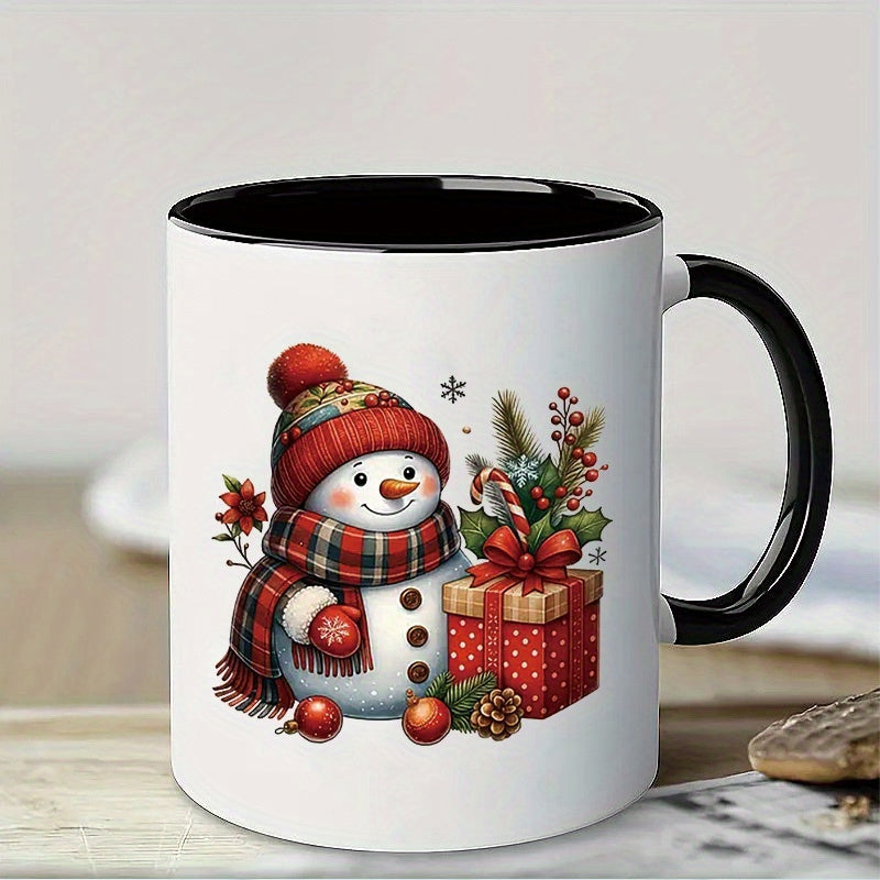Tailorly Black Accent 11 oz Mug - snowman with red hat scarf gloves， snowflakes， pinecones， berries