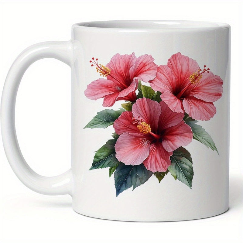 Tailorly White Ceramic 11 oz Mug - Blooming Pink Floral Petals Among Lush Green Leaves Under Gentle Sunlight Hibiscus