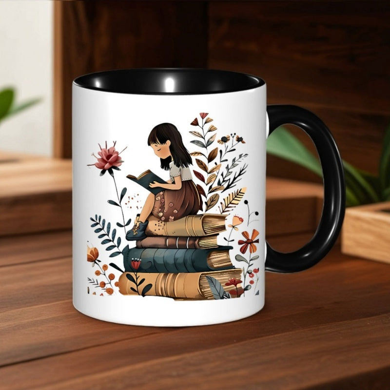 Tailorly Black Accent 11 oz Mug - black coffee cup， stack of books， floral patterns tea and coffee enthusiasts， book lovers text