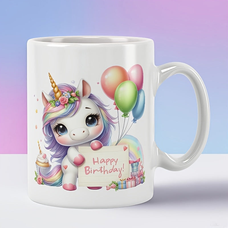 Tailorly White Ceramic 11 oz Mug - Happy Birthday Adorable Pastel Colored Creature Holding A Sign Among Balloons And Rainbow Unicorn