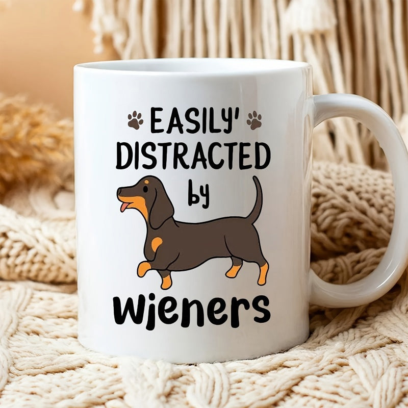 Tailorly White Ceramic 11 oz Mug - Easily Distracted By Wieners Playful Cartoon Dachshund Walking With Tiny Brown Paw Prints Dachshund