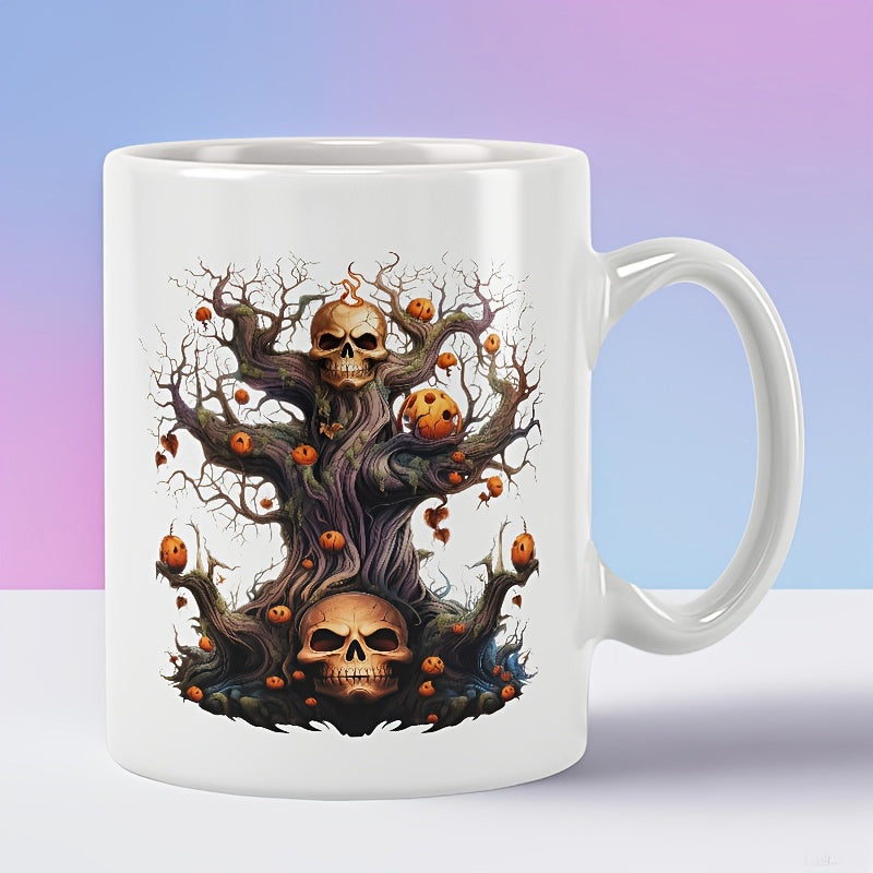 Tailorly White Ceramic 11 oz Mug - Gnarled Haunted Dead Branches With Creepy Skulls And Halloween Pumpkins Tree