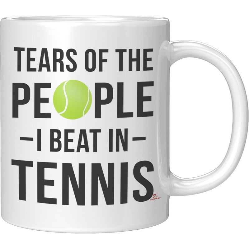 Tailorly White Ceramic 11 oz Mug - Tears Of The People I Beat In Tennis Vibrant Neon Green Athletic Ball With Bold Black Block Lettering Tennis Ball