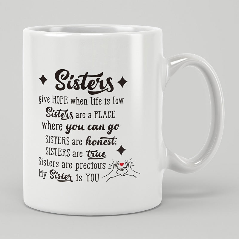 Tailorly White Ceramic 11 oz Mug - Sisters Give Hope My Sister Is You Minimalist Line Drawing Of Heart Hands With Black Sparkling Stars Mug