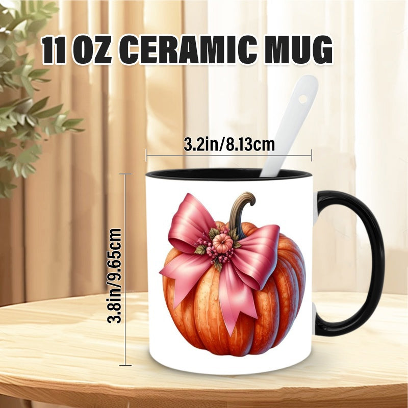 Tailorly Black Accent 11 oz Mug - festive pumpkin with a pink bow