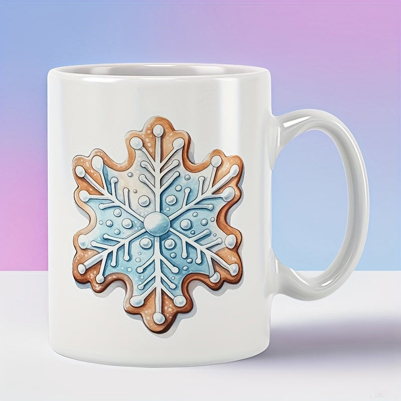 Tailorly White Ceramic 11 oz Mug - Decorative Festive Gingerbread Cookie With Light Blue Icing Frosting Snowflake
