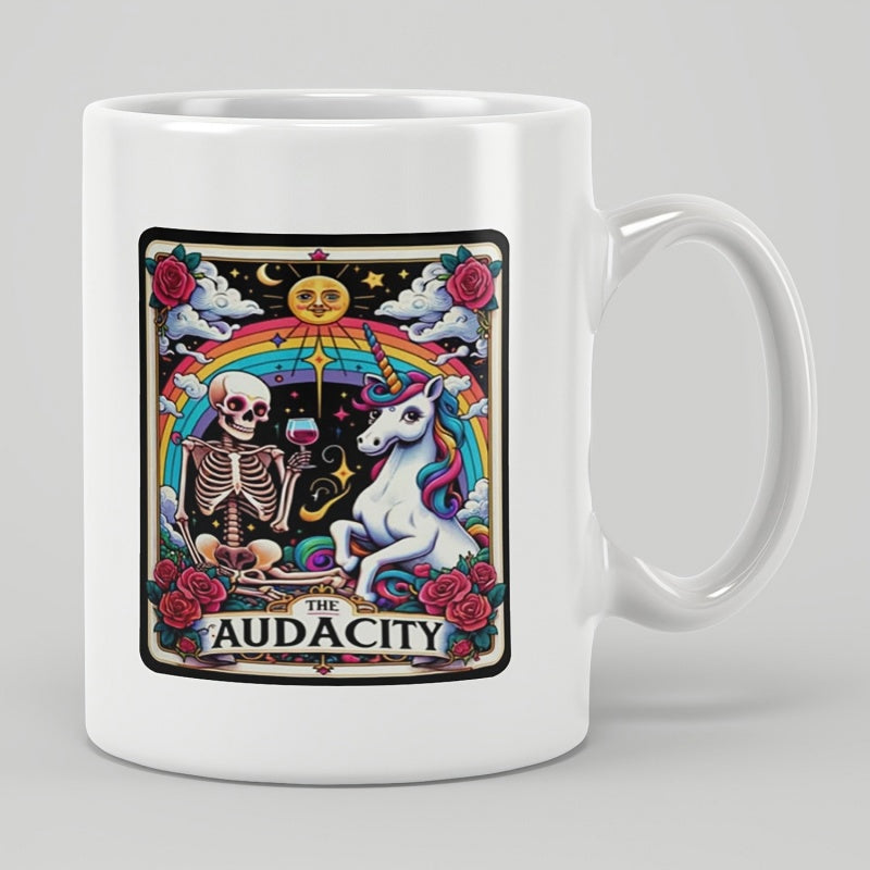 Tailorly White Ceramic 11 oz Mug - The Audacity Retro Skeleton Sipping Wine Beside A Magical Rainbow And Mythical Unicorn
