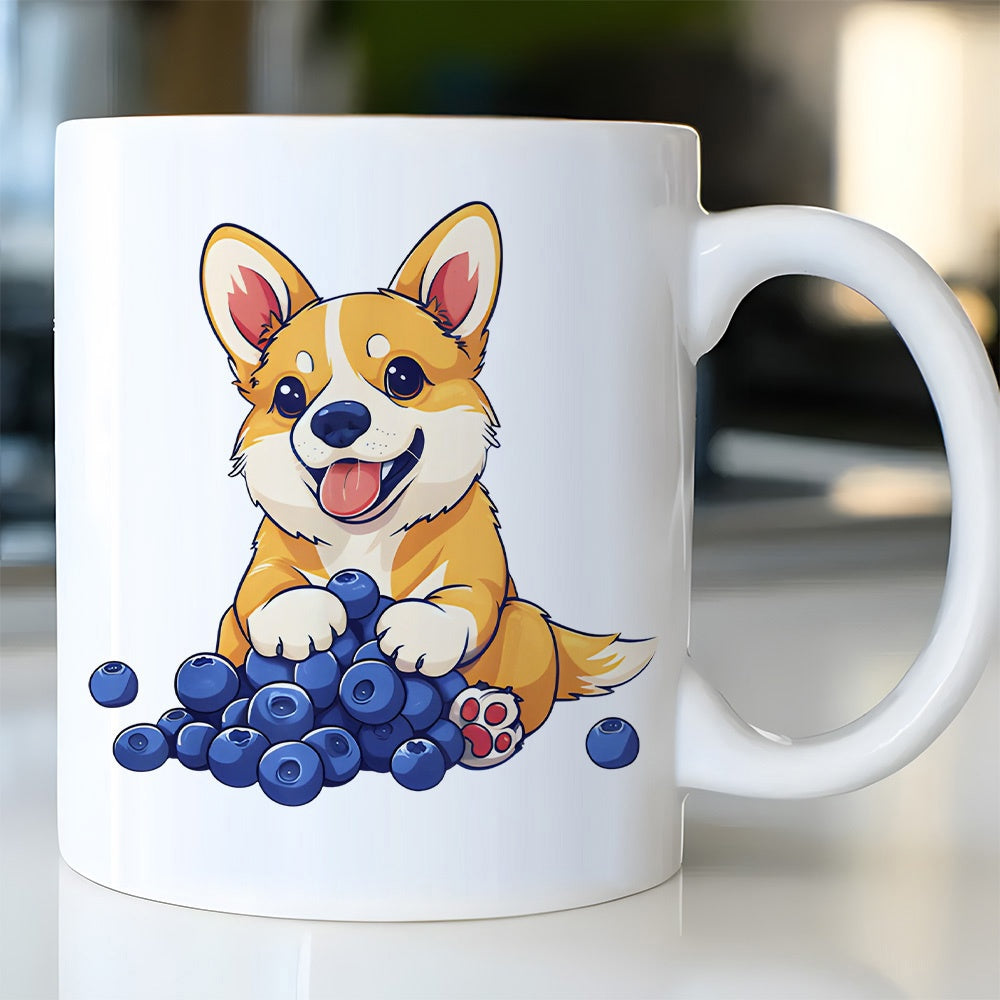 Tailorly White Ceramic 11 oz Mug - Cute Animated Dog Playing Among Ripe Purple Berry Fruits Corgi