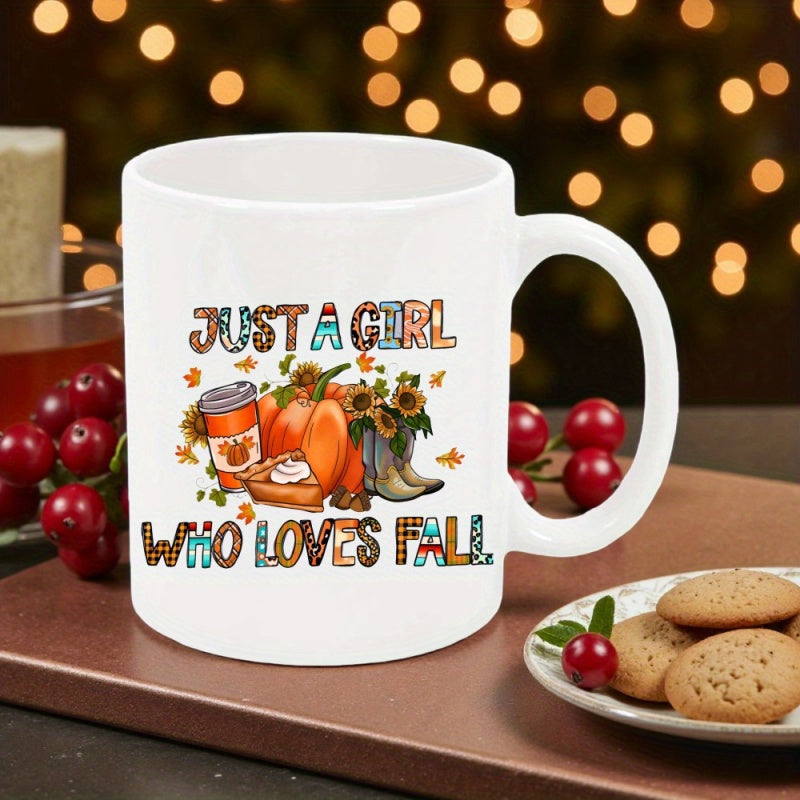 Tailorly White Ceramic 11 oz Mug - Just A Girl Who Loves Fall Festive Autumn Elements Featuring Sunflowers Coffee And Boots Around A Large Pumpkin