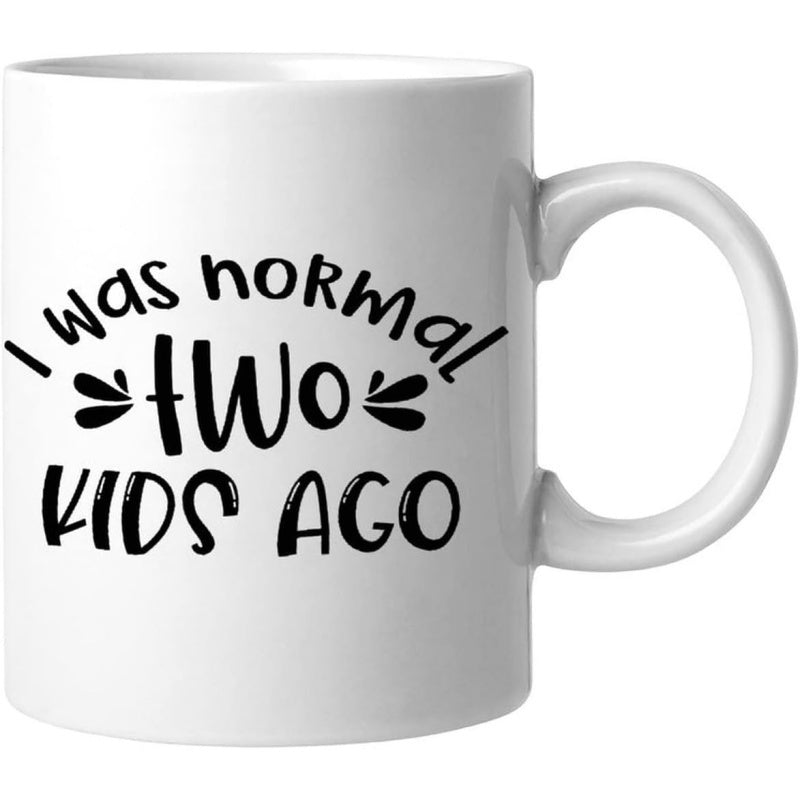 Tailorly White Ceramic 11 oz Mug - I Was Normal Two Kids Ago Minimalist Typography Design With Decorative Leaf Accents On