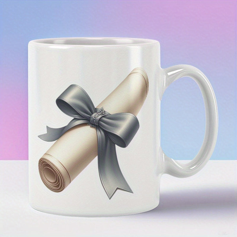 Tailorly White Ceramic 11 oz Mug - Elegant Rolled Parchment Tied With A Silky Silver Bow Ribbon Scroll