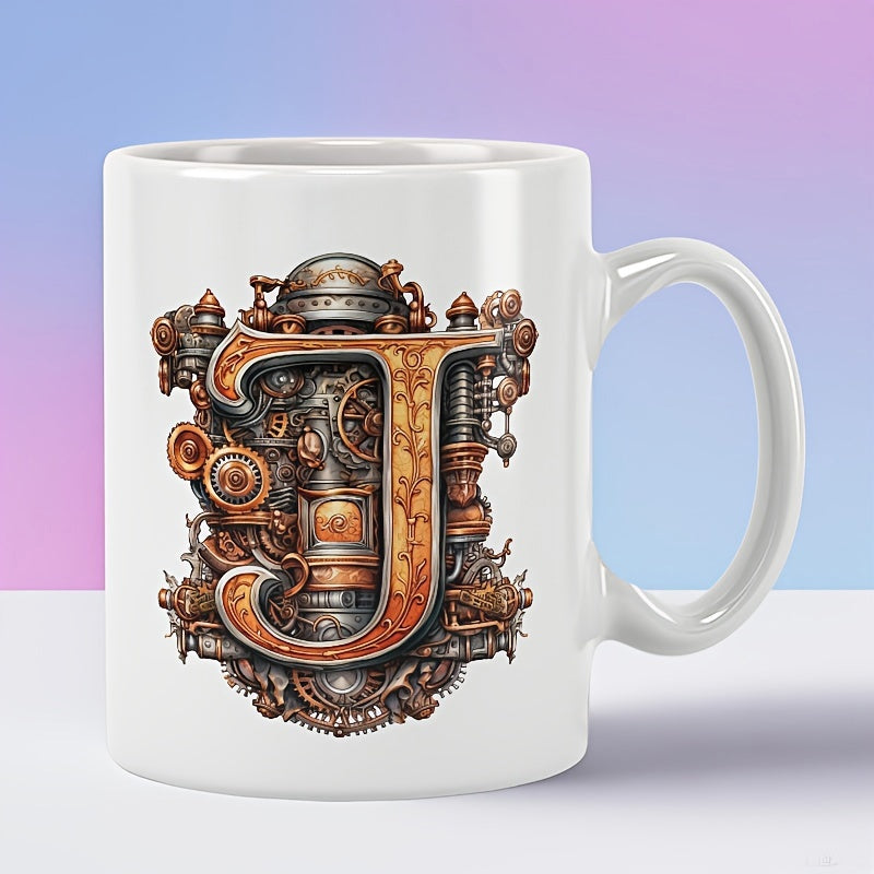 Tailorly White Ceramic 11 oz Mug - Ornate Mechanical Gears Brass Pipes Steampunk Machinery Industrial Vintage Style Letter J