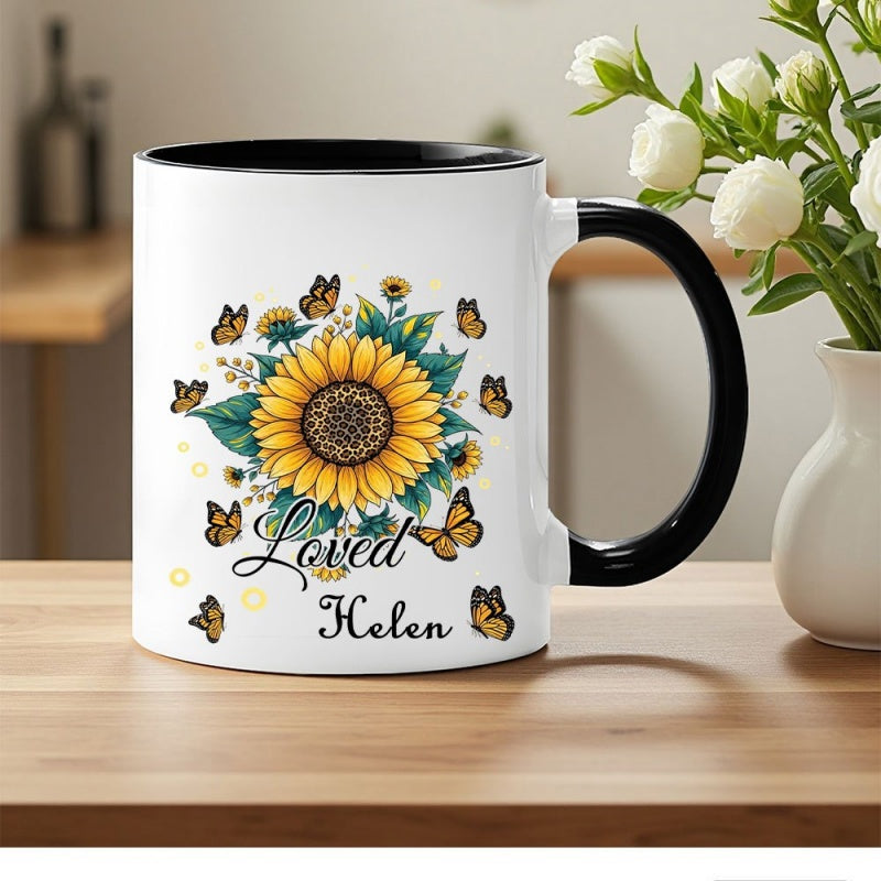 Tailorly Black Accent 11 oz Mug - sunflower with leopard print flower plate surrounded by black and green leaf pattern