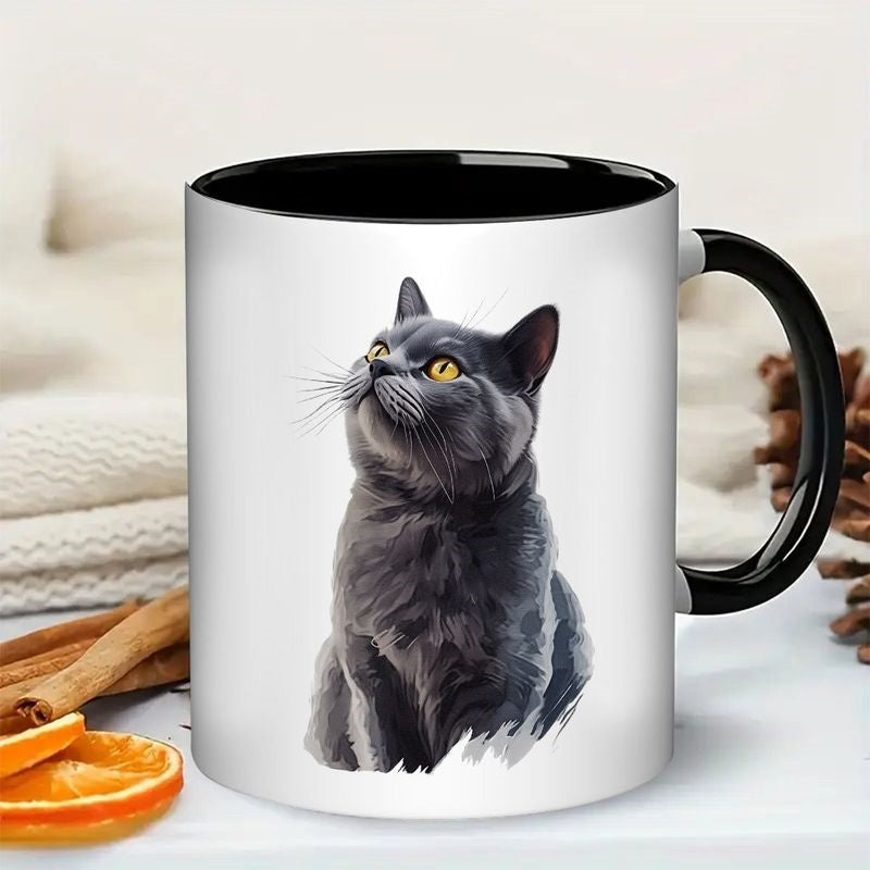 Tailorly Black Accent 11 oz Mug - gray cat watercolor illustration
