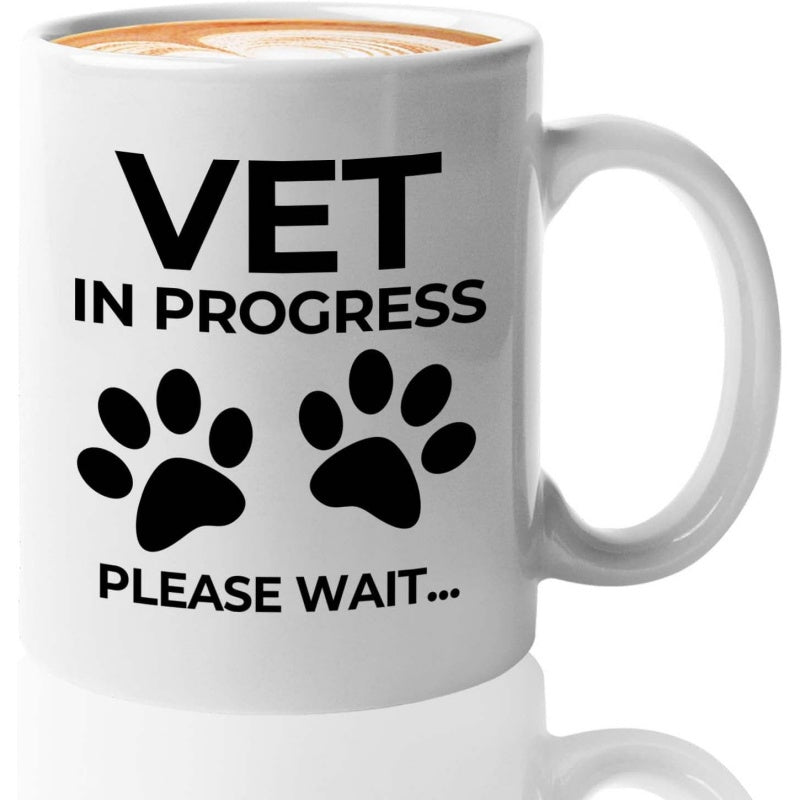 Tailorly White Ceramic 11 oz Mug - Vet In Progress Please Wait Simple Bold Black Silhouettes Of Animal Feet Among Clean Modern Typography Paw Print