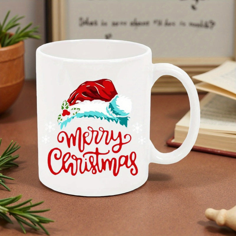 Tailorly White Ceramic 11 oz Mug - Merry Christmas Festive Red Cap With Green Holly Leaves And Winter Style Hat
