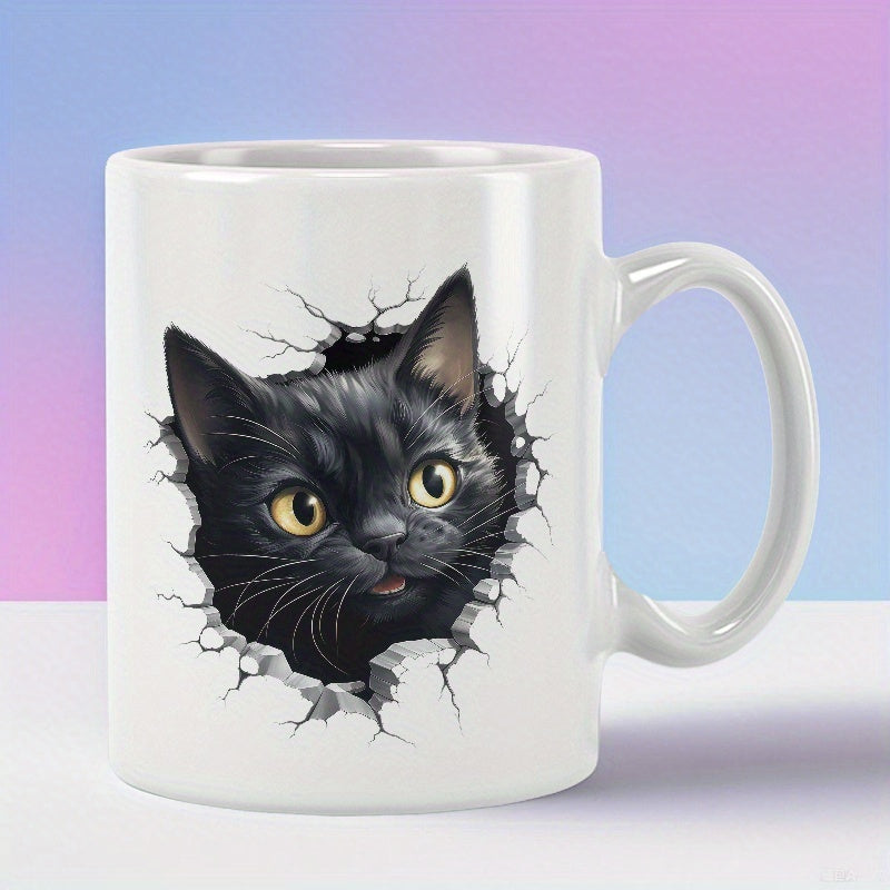 Tailorly White Ceramic 11 oz Mug - Adorable Black Kitten With Golden Eyes Peeking Through A Realistic Cracked Wall Cat